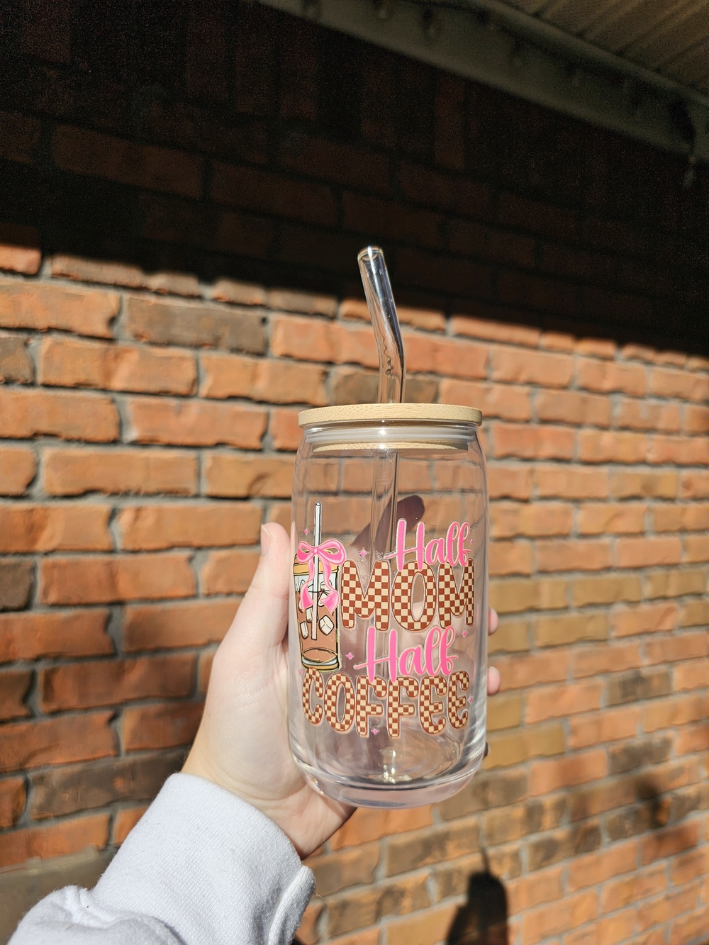 Clear Half Coffee Glass Tumbler with Beige Lid and Straw